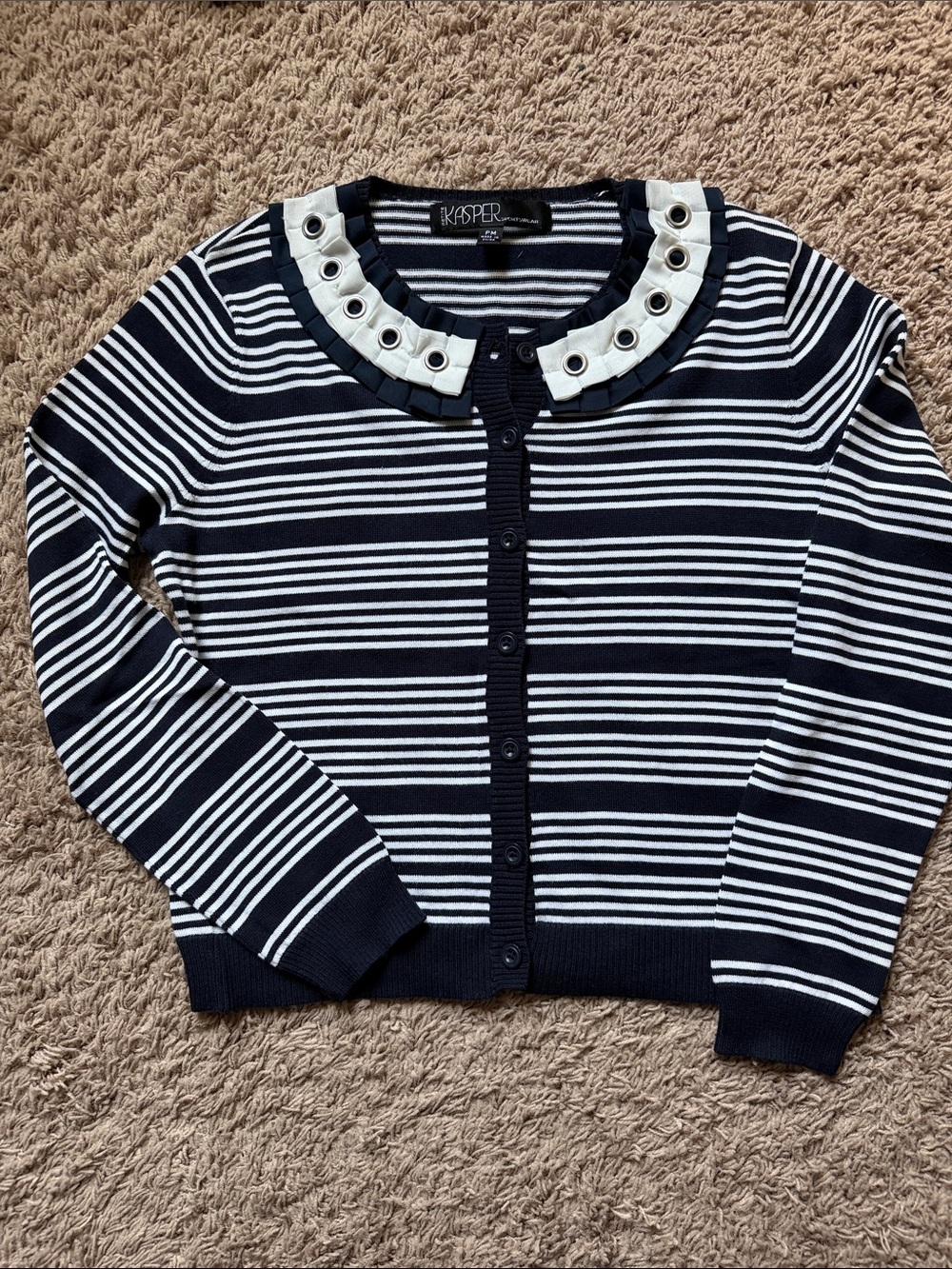 Kasper Navy & White Striped Button-Up Cardigan with Grommet Collar